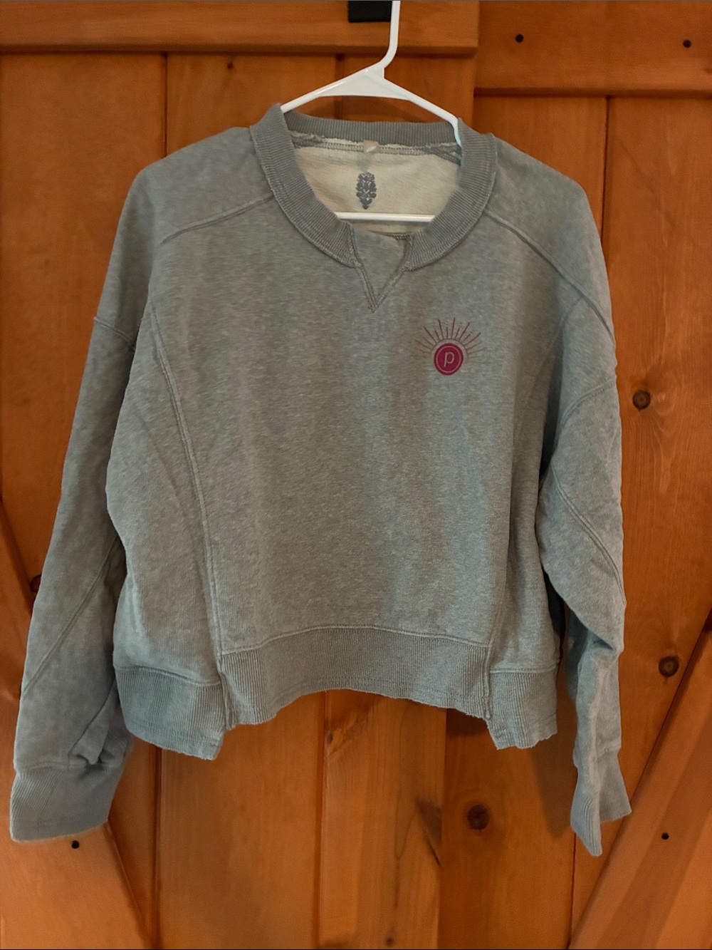 FP Movement by Free People Gray Cropped Sweatshirt with Pink Sun Logo